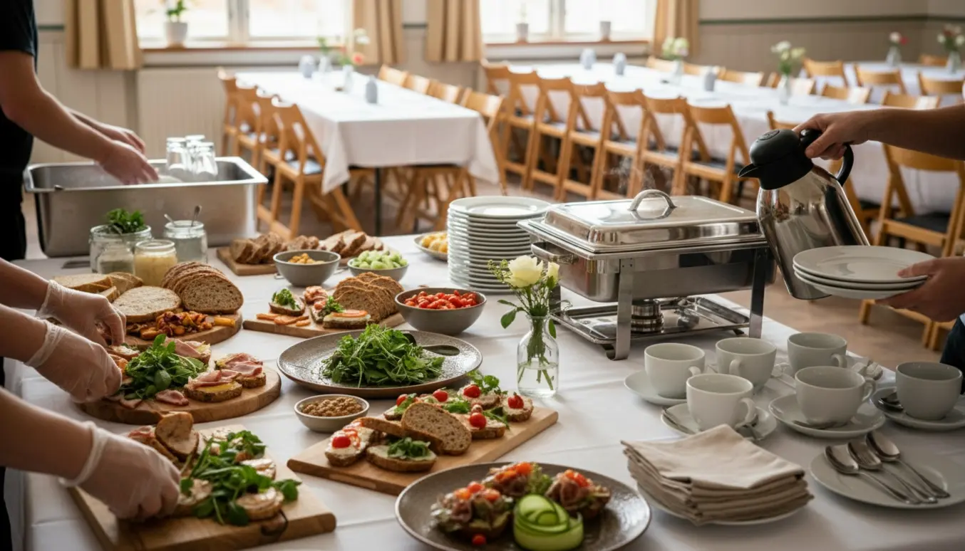 Hænder anretter buffet og brygger kaffe til en konfirmationsfrokost med tallerkener og opvask i baggrunden.