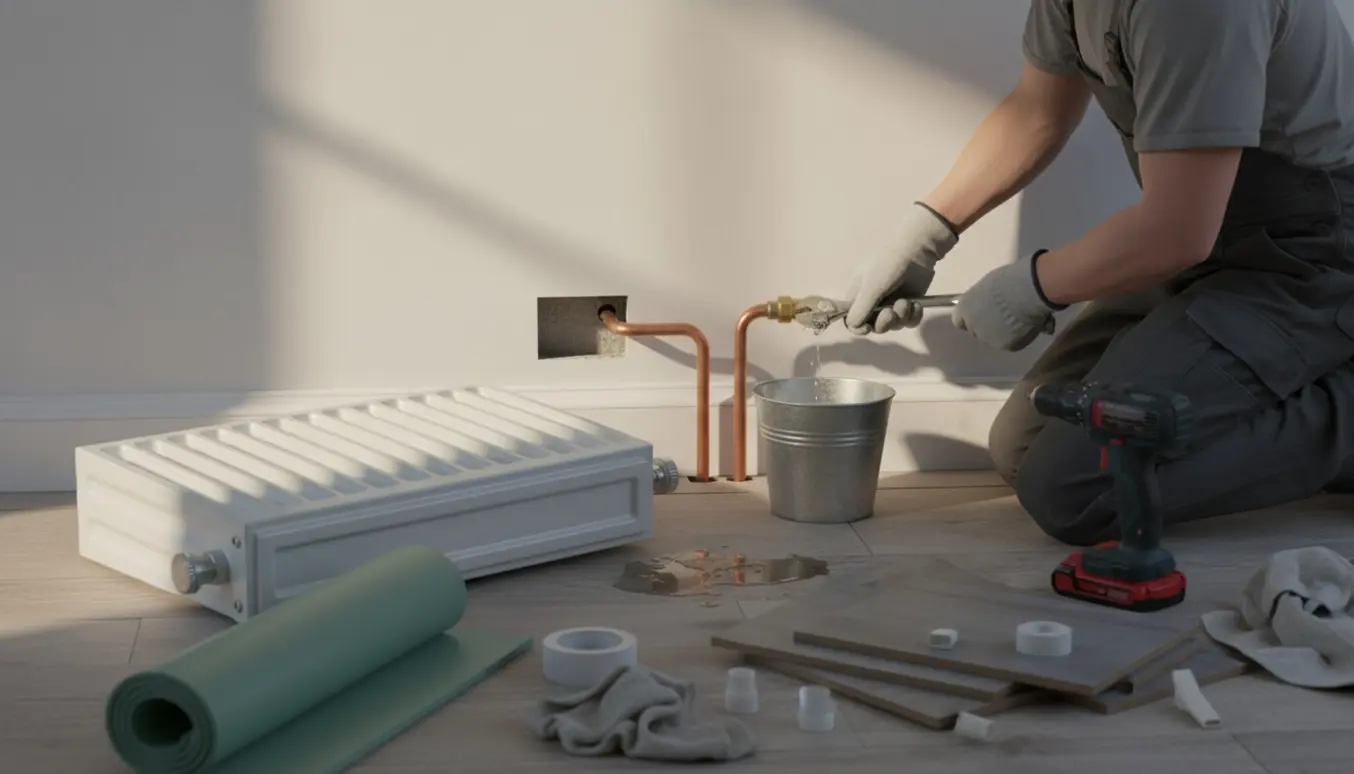 Lille radiator lagt på gulvet ved blottede rør og gulvplanker klar til lægning.