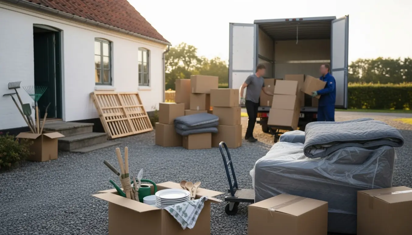 Flyttebil og stabel flyttekasser ved en hvid landejendom på Fyn med havemøjer og få lave trin.
