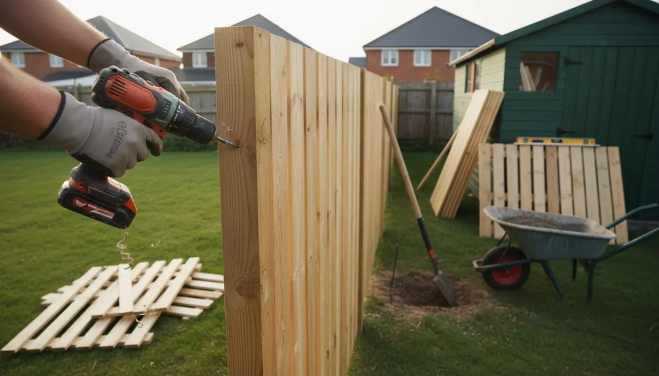 Nærbillede af handsker der monterer et nyt tæt og robust hegn med værktøj og materialer i forhaven.