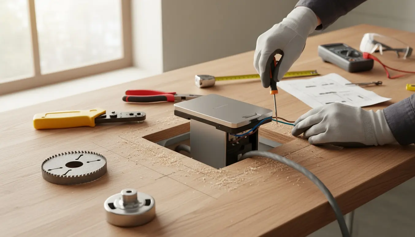 Elektriker monterer et pop-up-stik i en træbordplade med værktøj og ledninger omkring.