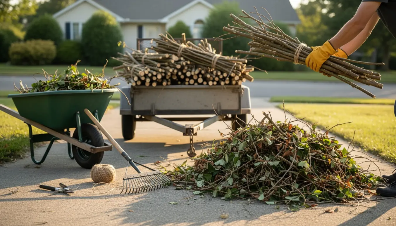 Trailer og haveværktøj ved indkørsel med bundter af afskårne grene og en bunke smågrene klar til bortkørsel.