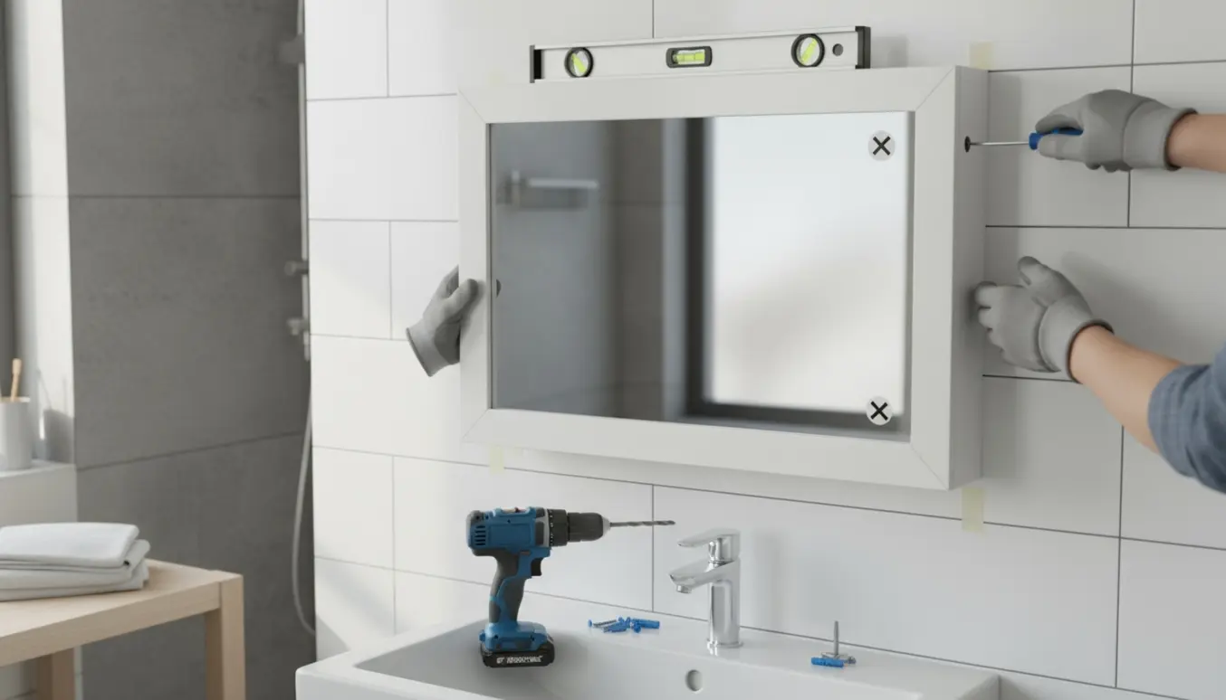 Et spejlskab monteres på flisevæg i badeværelse med boremaskine, vaterpas og to skruehuller.