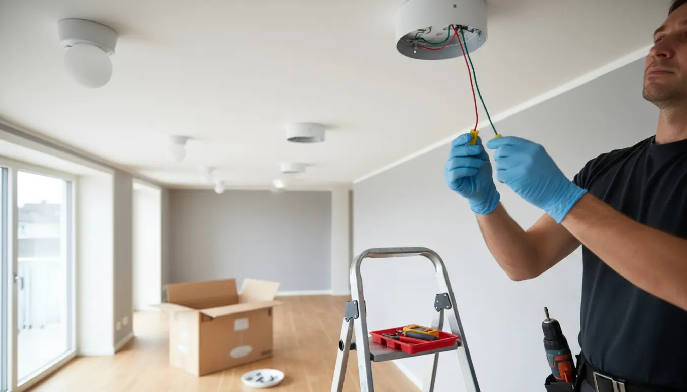 Montering af 3-4 moderne loftlamper i en bolig med håndværkerens hænder og værktøj fra en stige.