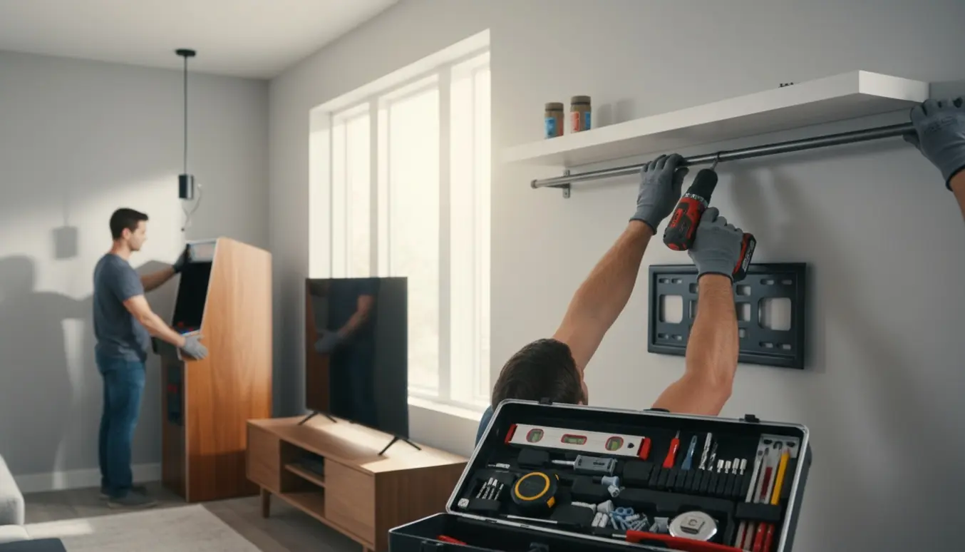 Hænder monterer gardinstang, hylder, lamper og tv-beslag på en gipsvæg med værktøj og stige i nærheden.