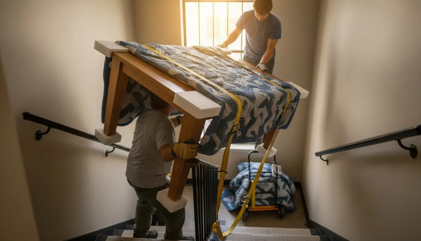 To personer bærer et stort bord op ad en smal opgangstrappe med flyttetæpper og løftestropper.