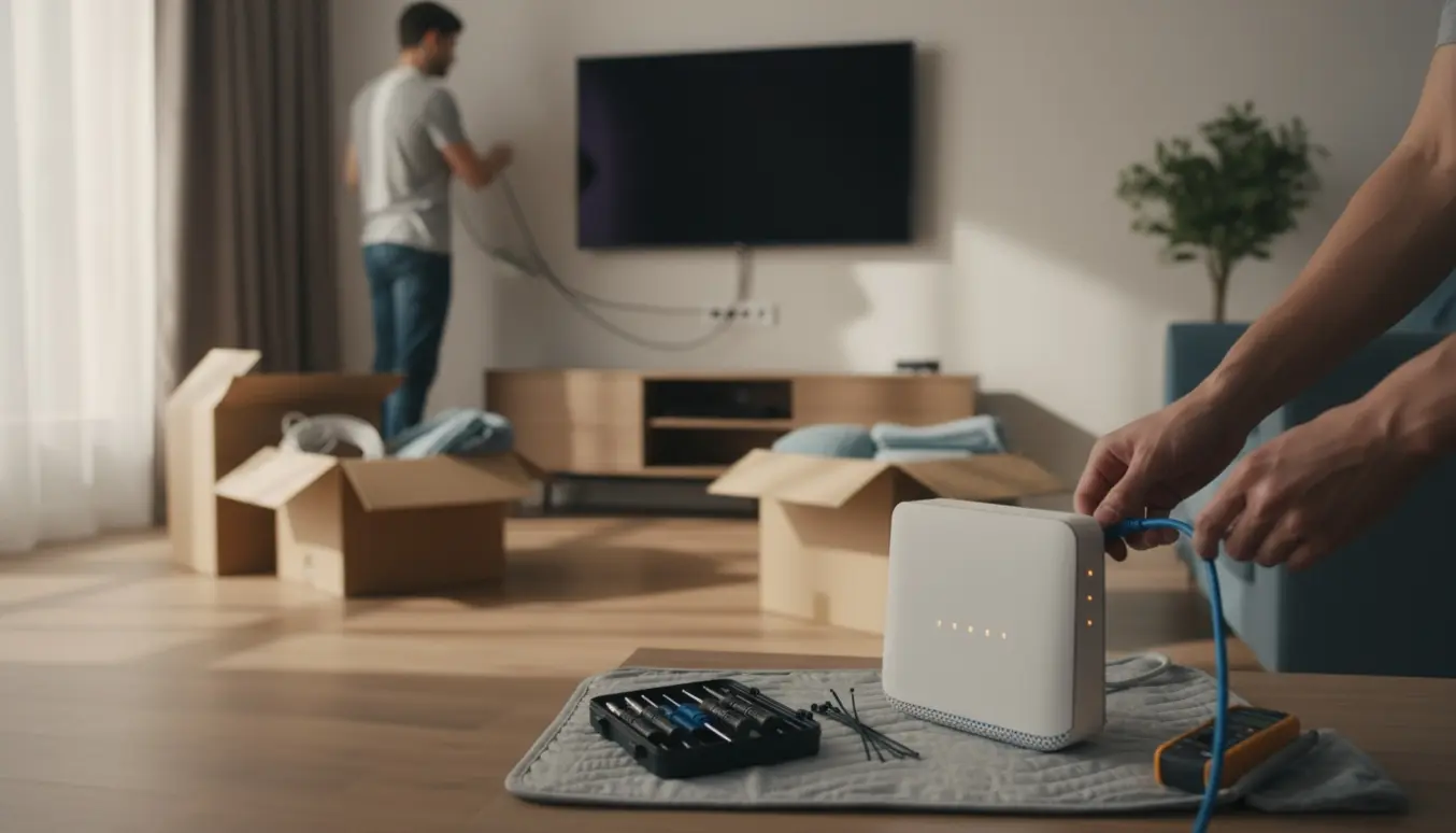 Hænder tilslutter en router og skjuler kabler i en stue med flyttekasser under installation af internet og TV.