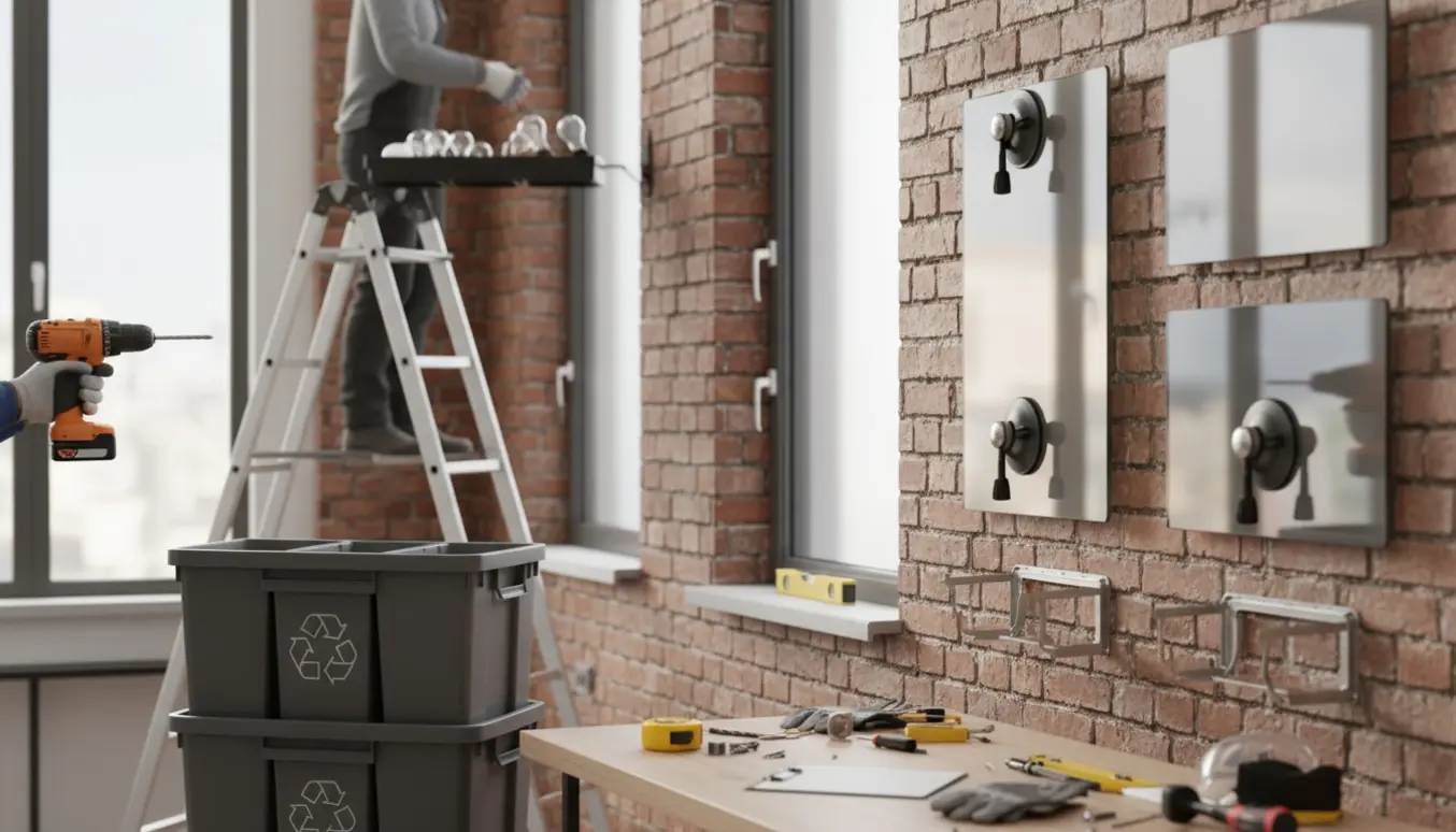 Installatør monterer affaldsspande, glastavler og beslag på en murstensvæg i et lyst kontor, med stige og værktøj.