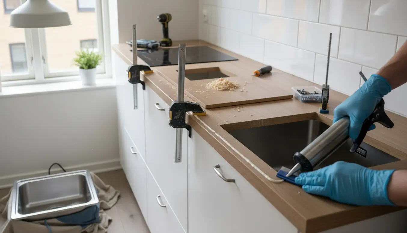 Udskiftning af laminatbordplade i et københavnsk køkken med udsnit til vask og kogeplade, hvor hænder glatter fuge.