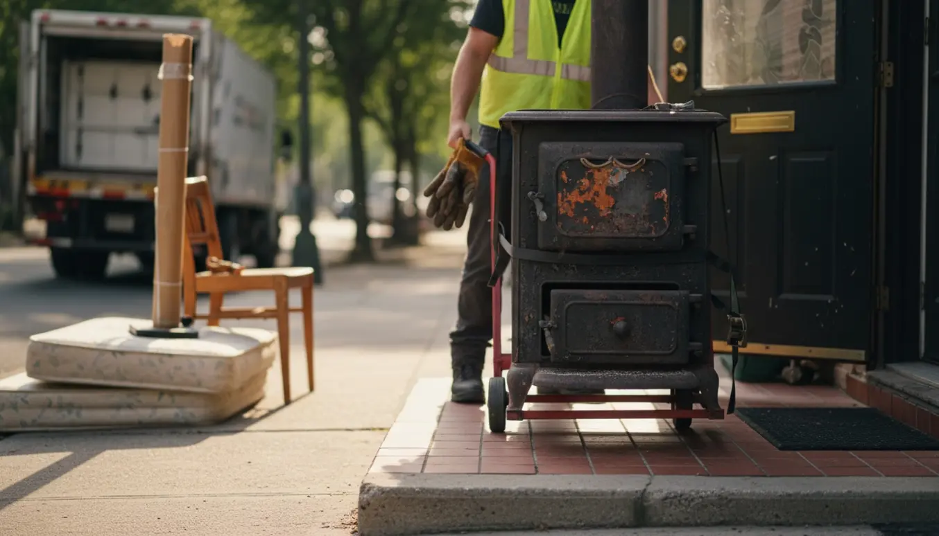 Gammel brændeovn på fortov ved gadedør klar til afhentning til storskrald.