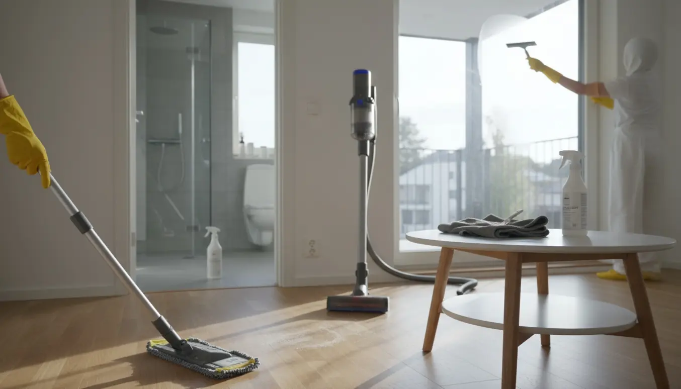 Lys, moderne lejlighed hvor handsker mopper gulvet og pudser vinduer, med skinnende bruseglas i baggrunden.