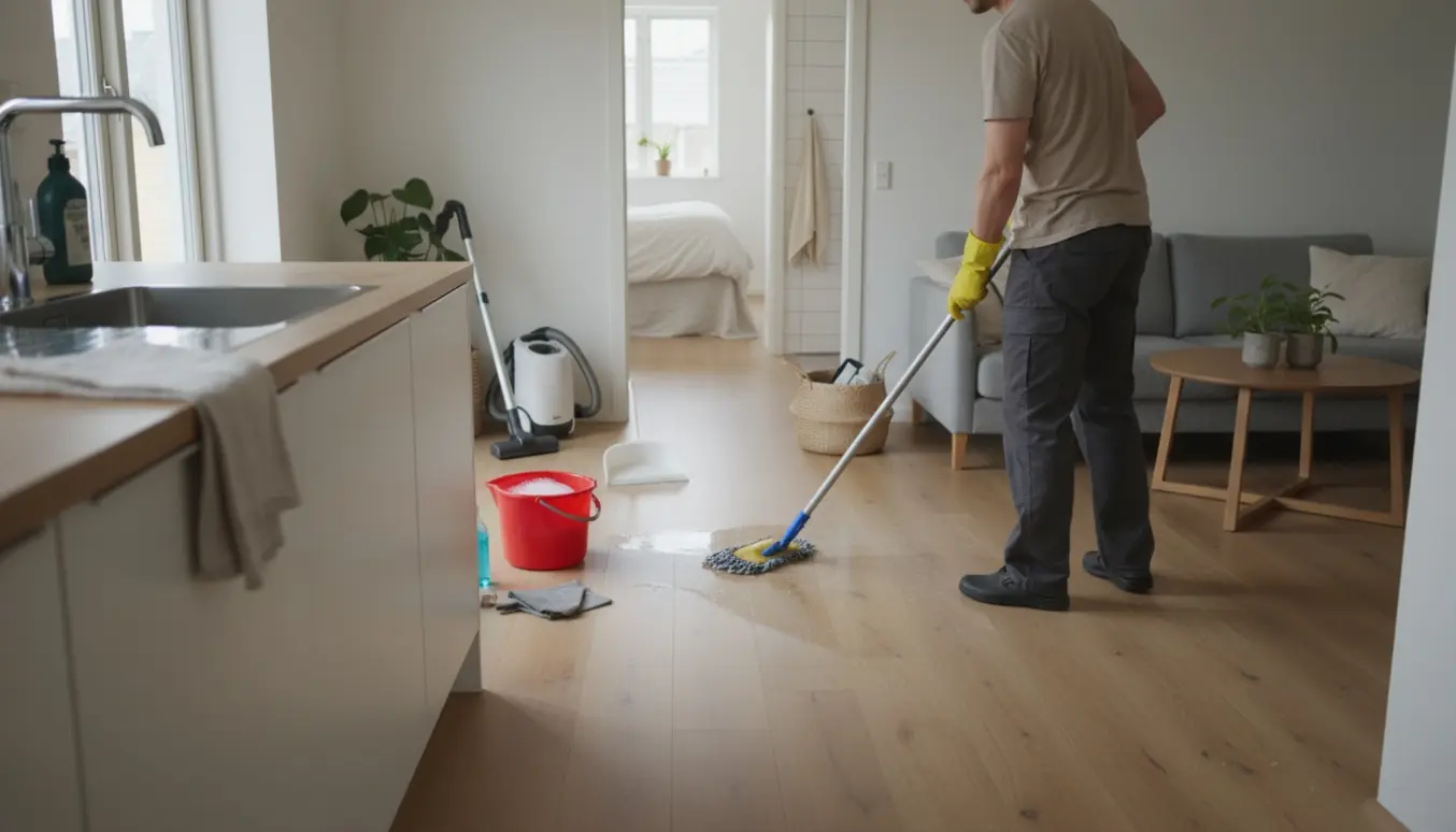 En rengøringsperson mopper et trægulv i et lyst, ryddeligt hjem med rengøringsudstyr i baggrunden.
