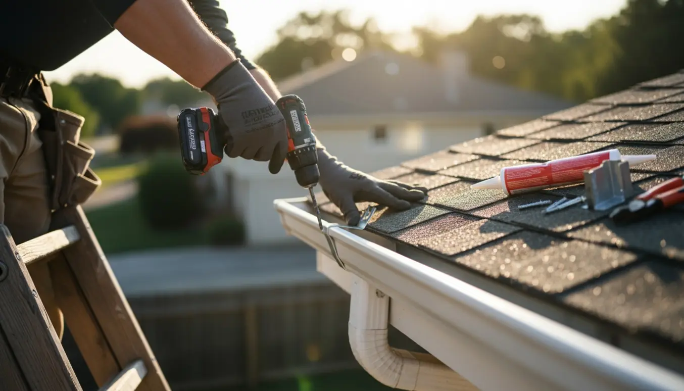 Nærbillede af handskerklædte hænder på stige, der skruer en løs tagrende fast med en boremaskine.