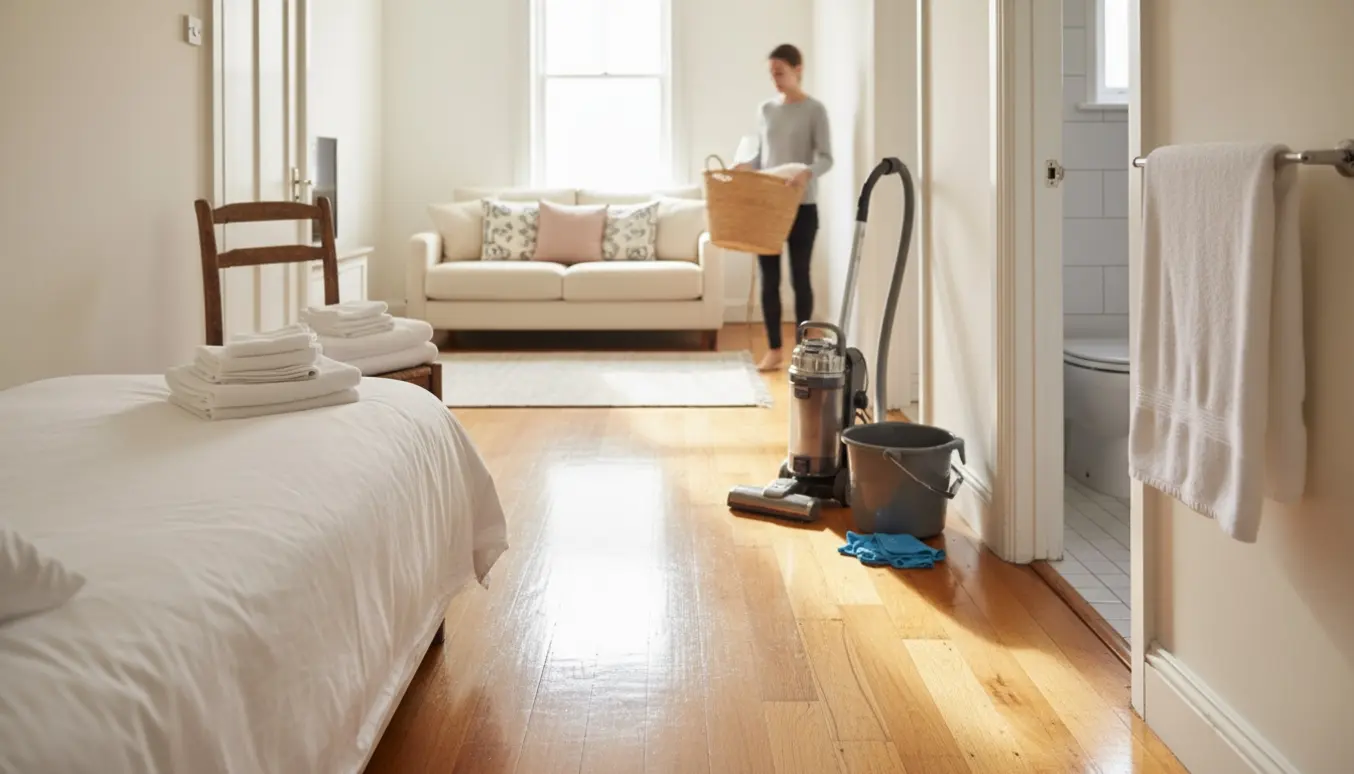 Lyse, nyopryddede rum i et rækkehus med støvsuger, moppe og nystrøget sengetøj klar til næste gæster.