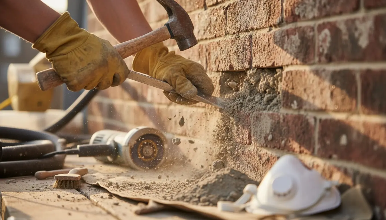 Nærbillede af handskeklædte hænder, der fjerner gammel mørtel mellem mursten med mejsel og værktøj.