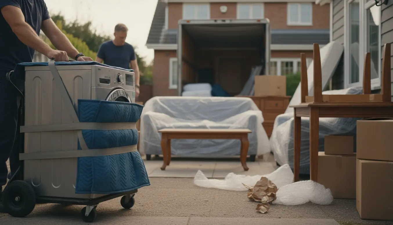 Flyttefolk læsser møbler og hvidevarer i en flyttebil med indpakkede sofaer, kommode og kasser.