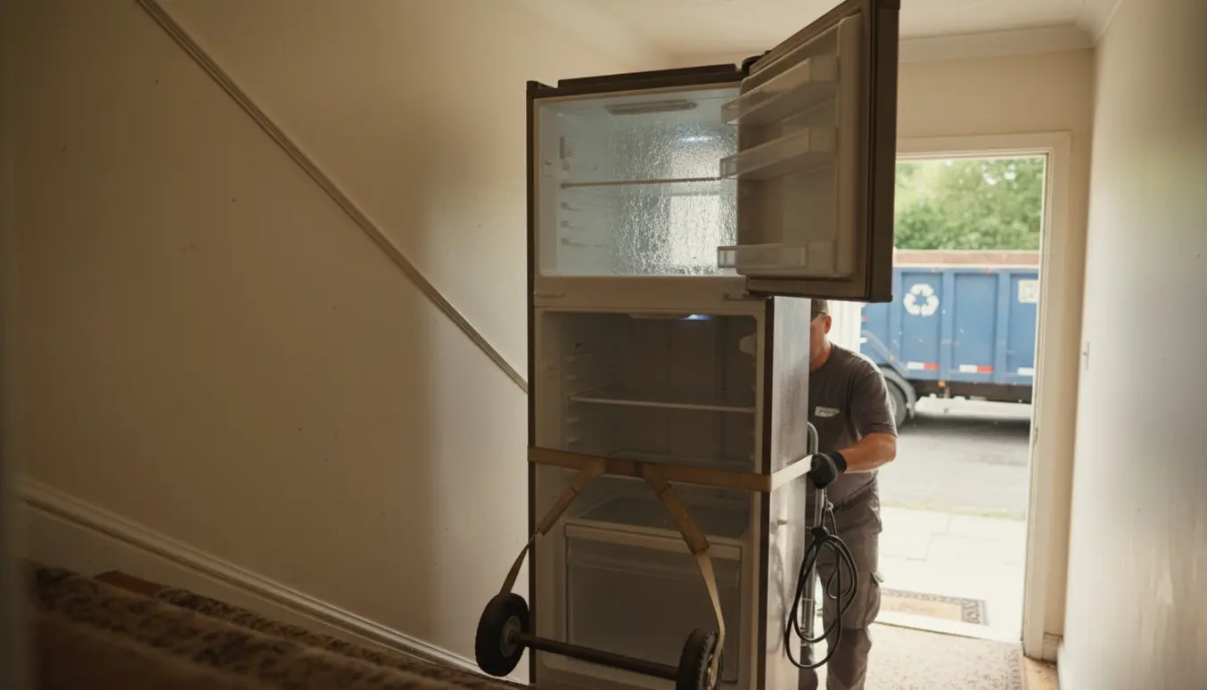 To personer bærer et tomt køleskab ned ad en smal trappe mod yderdøren klar til aflevering til genbrug.