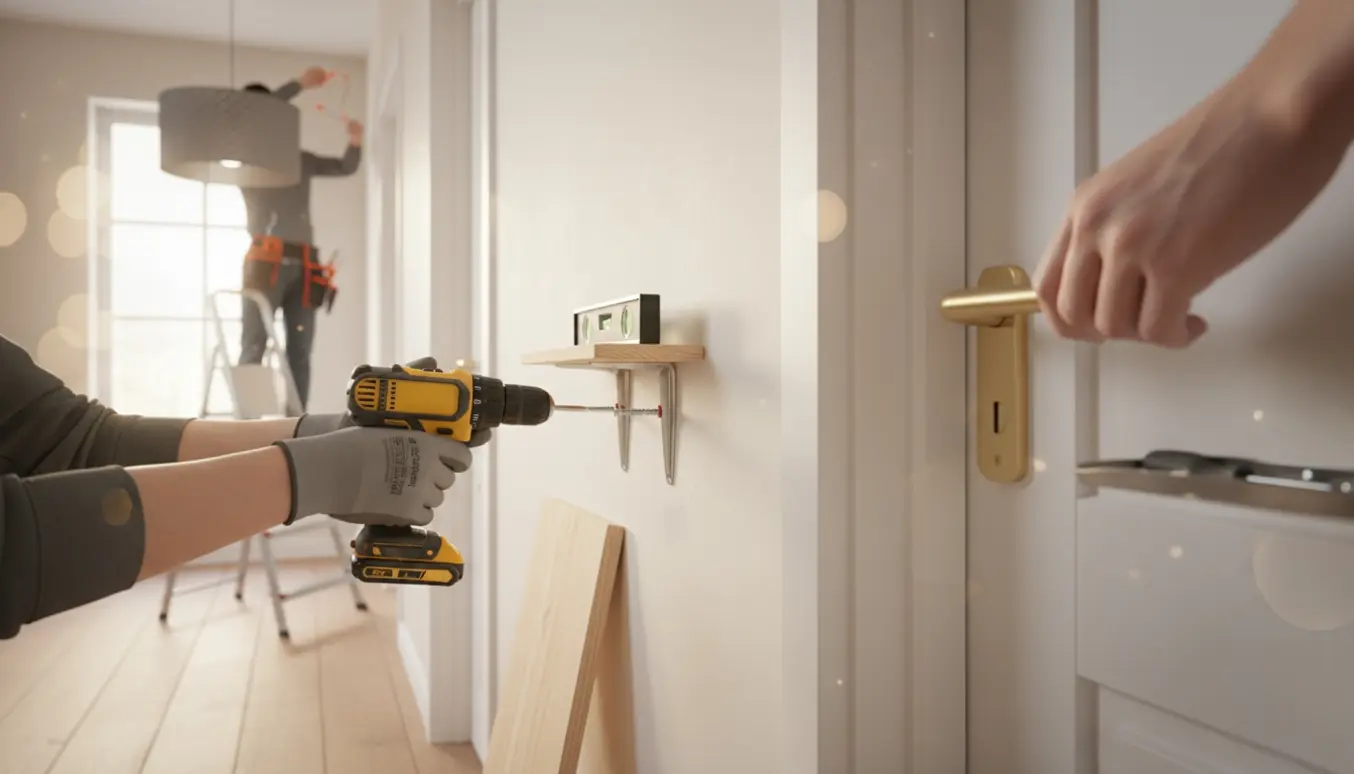 Nærbillede af hænder, der monterer hyldebeslag, sætter dørhåndtag på og hænger en lampe op i en lys gang.