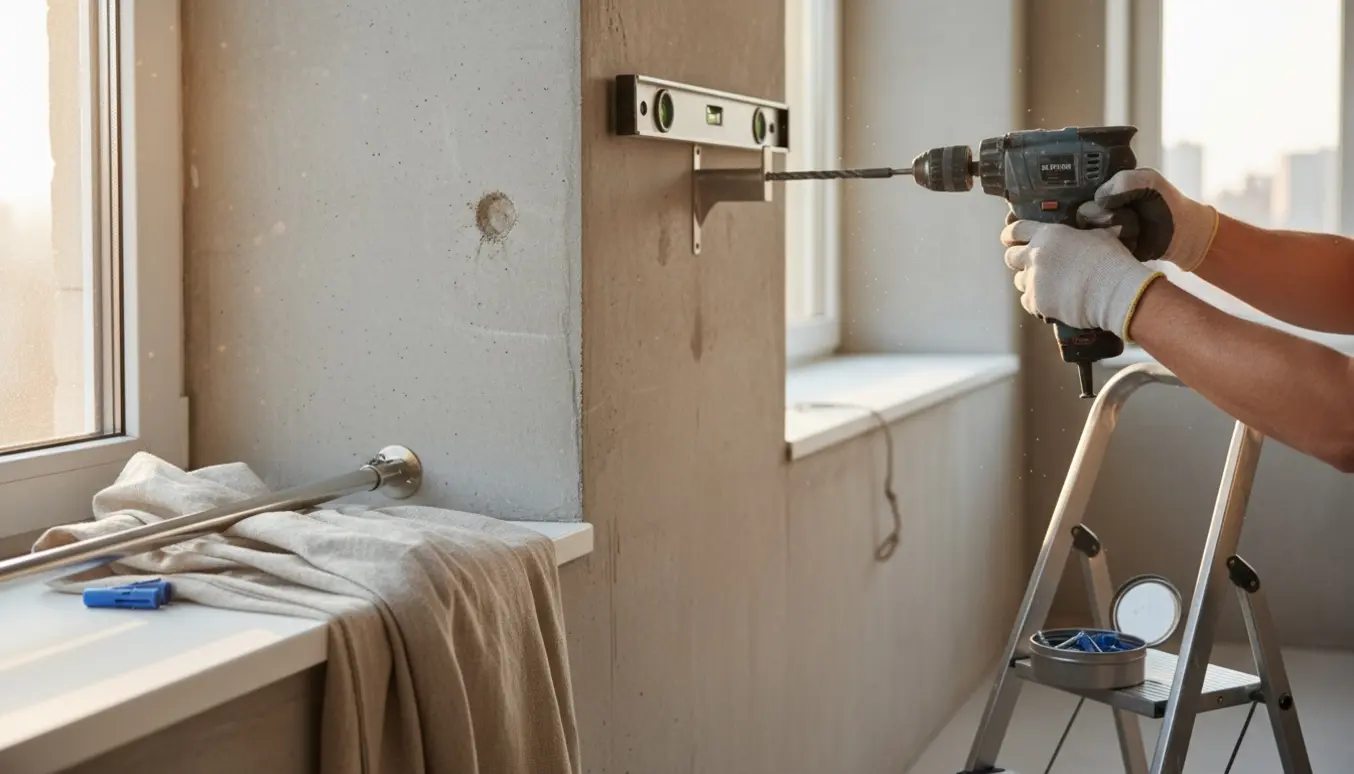 Nærbillede af hænder, der monterer et gardinbeslag i en betonvæg med boremaskine, vaterpas og stige i baggrunden.