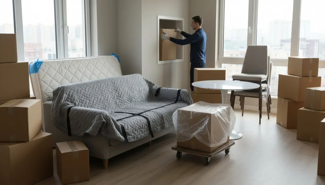 Flyttescene i stue med to sofaer, seng, et lille marmorbord, flyttekasser og et skab båret ind i opbevaringsrum.