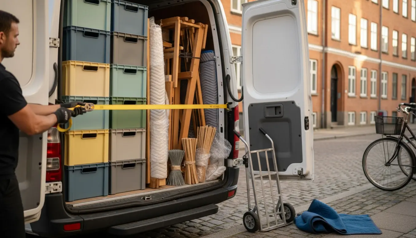 Åben varevogn med 10 plastikkasser og adskilte vævdele pakket i tæpper, klar til transport på en københavnsk villavej.