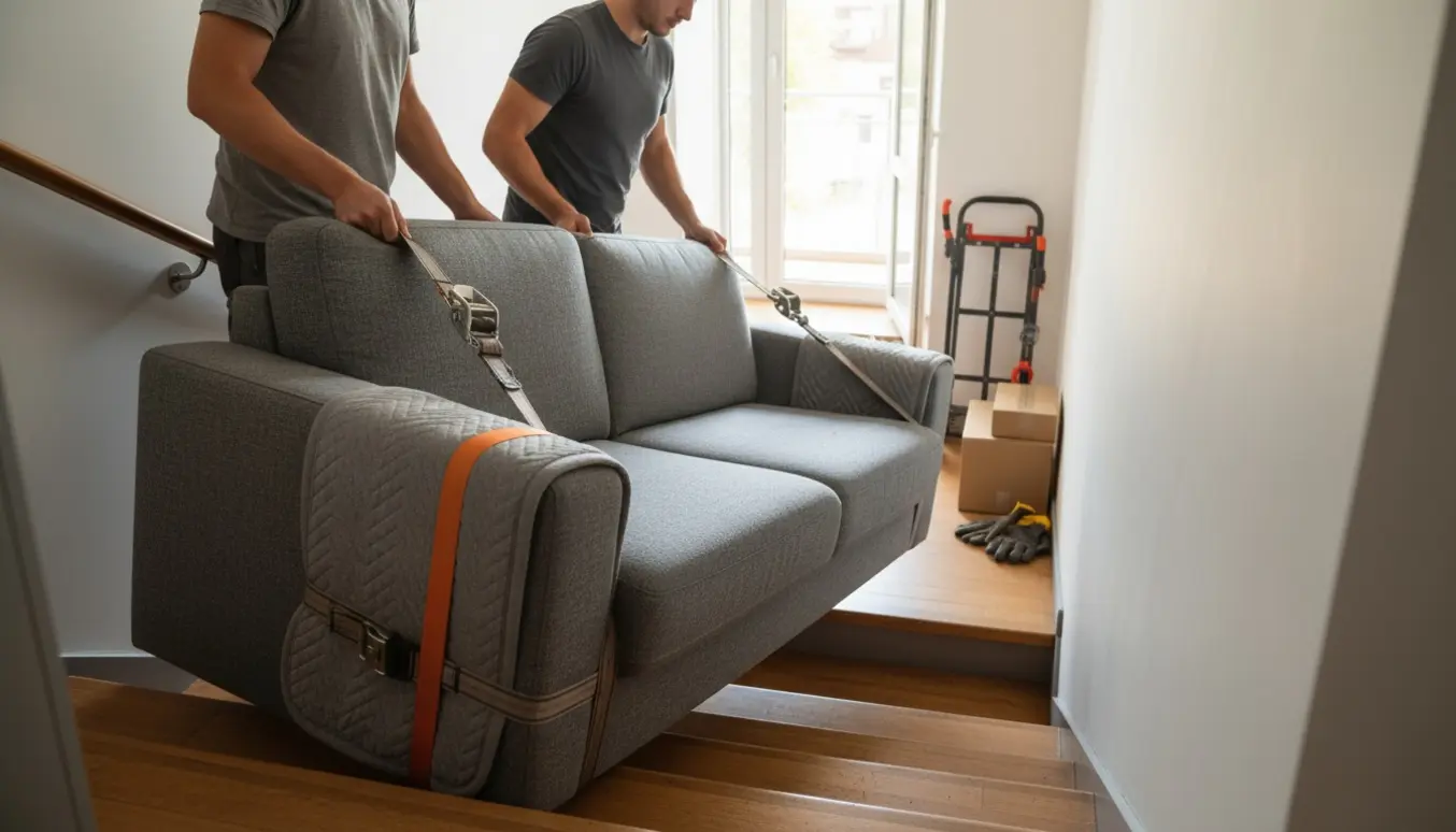 To flyttemænd manøvrerer en 180 cm lang, 70 cm høj sofa gennem en smal trappeopgang.