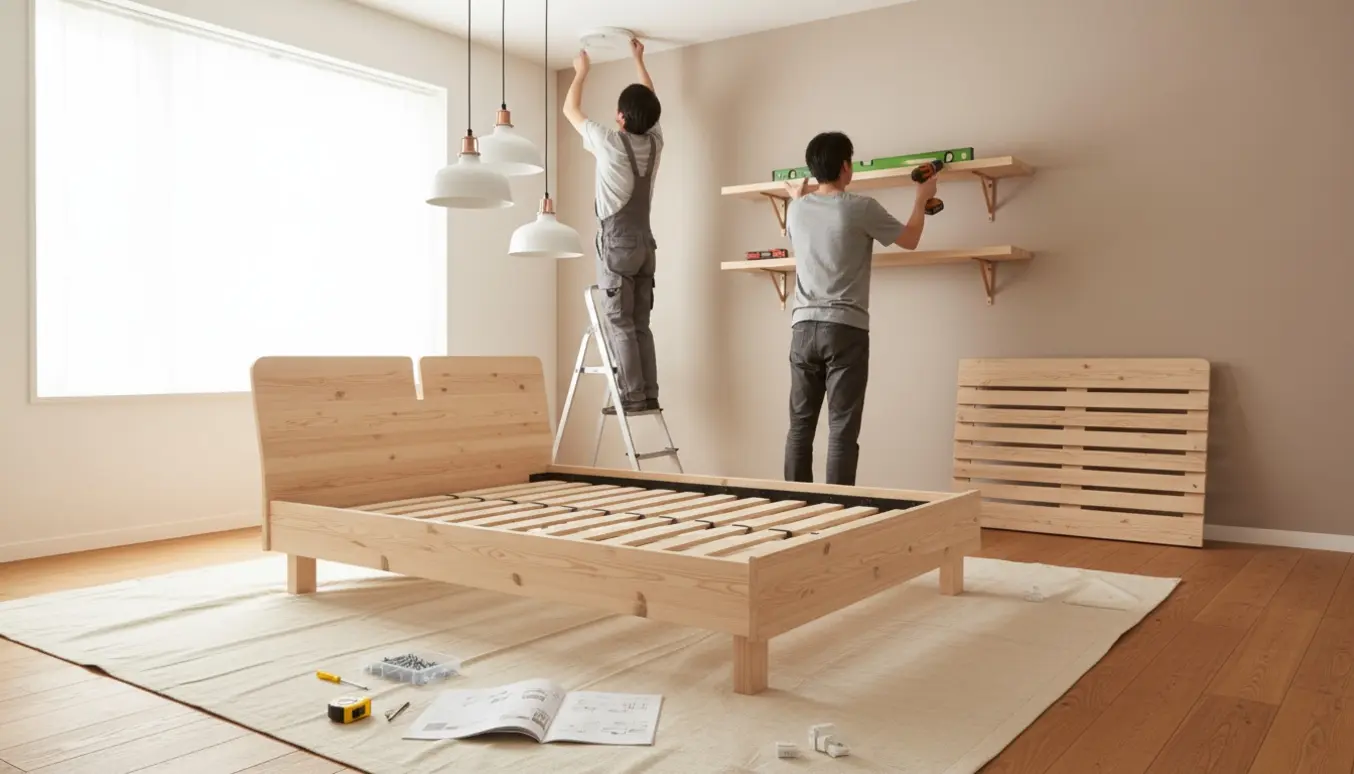 Delvist samlet IKEA-seng og værktøj i lyst soveværelse, mens lamper hænges op og hylder monteres.