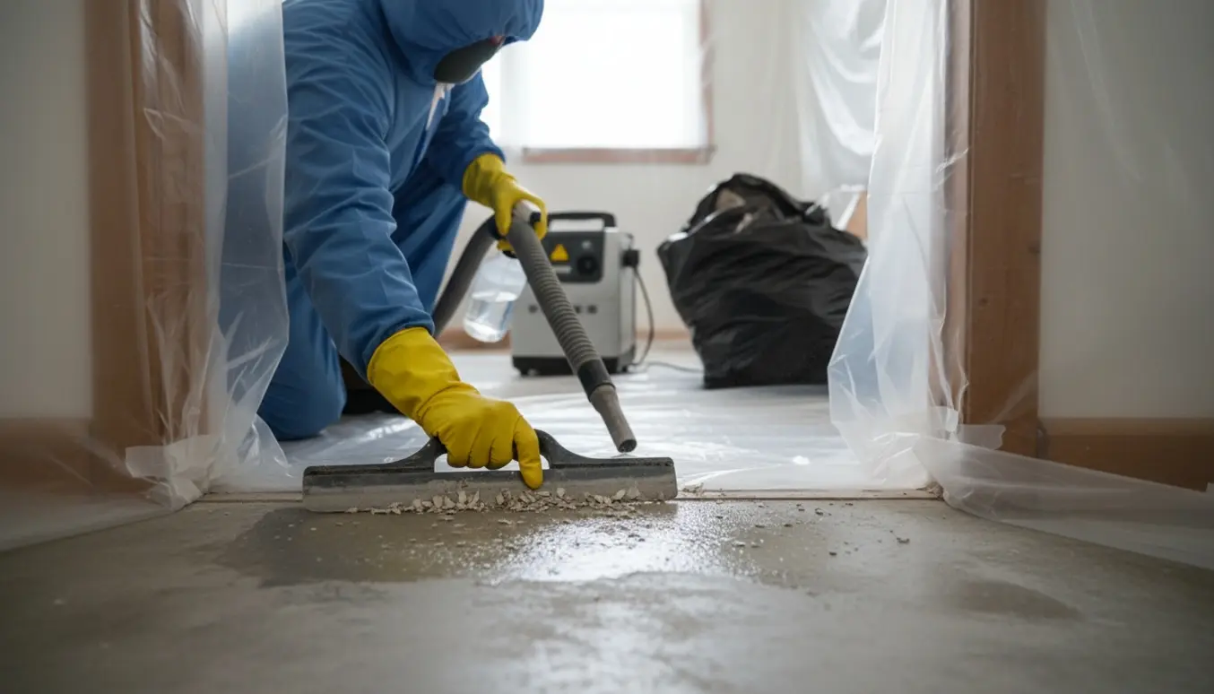 Tæt billede af handsker og skraber, der fjerner et tyndt lag asbestholdig fliseklæb fra et betongulv i et afdækket rum.