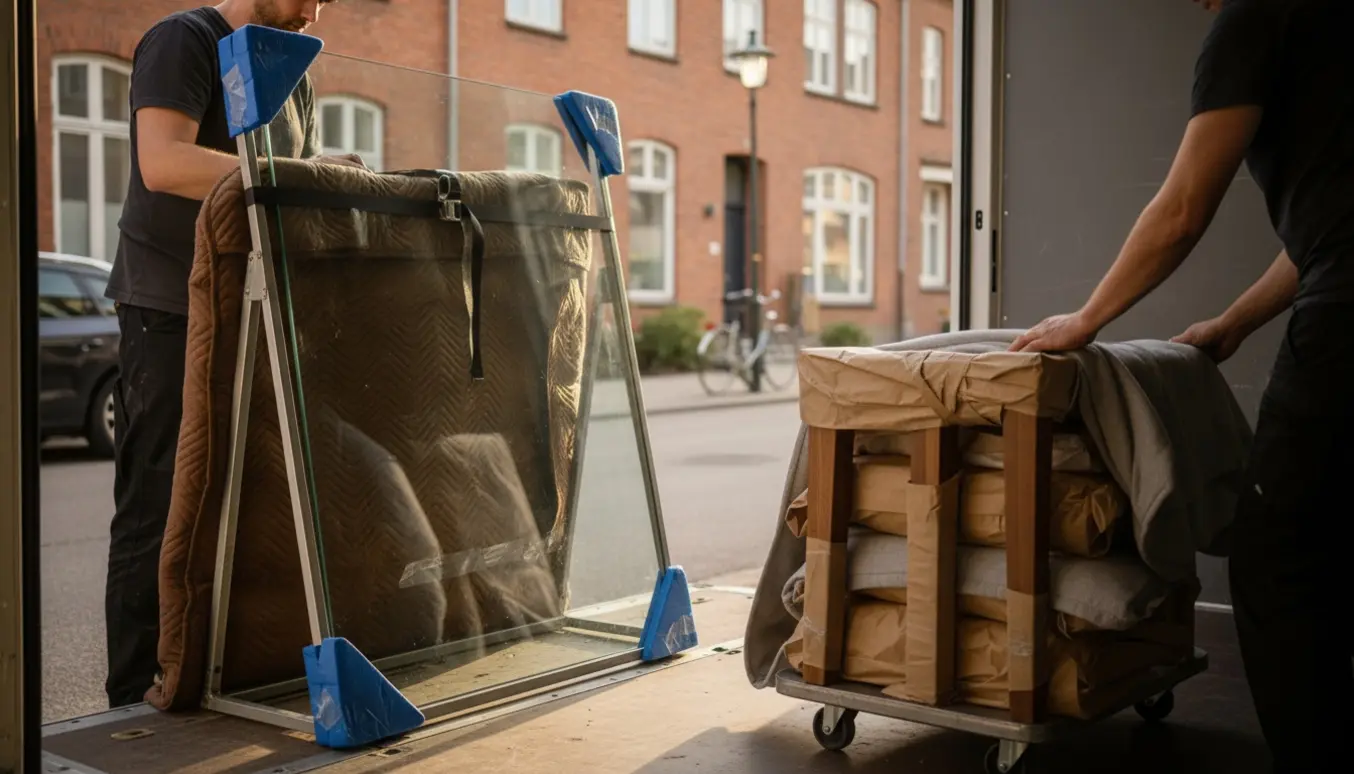 Demonteret spisebord med glasplade indpakket og sikret i bagenden af en flyttebil.