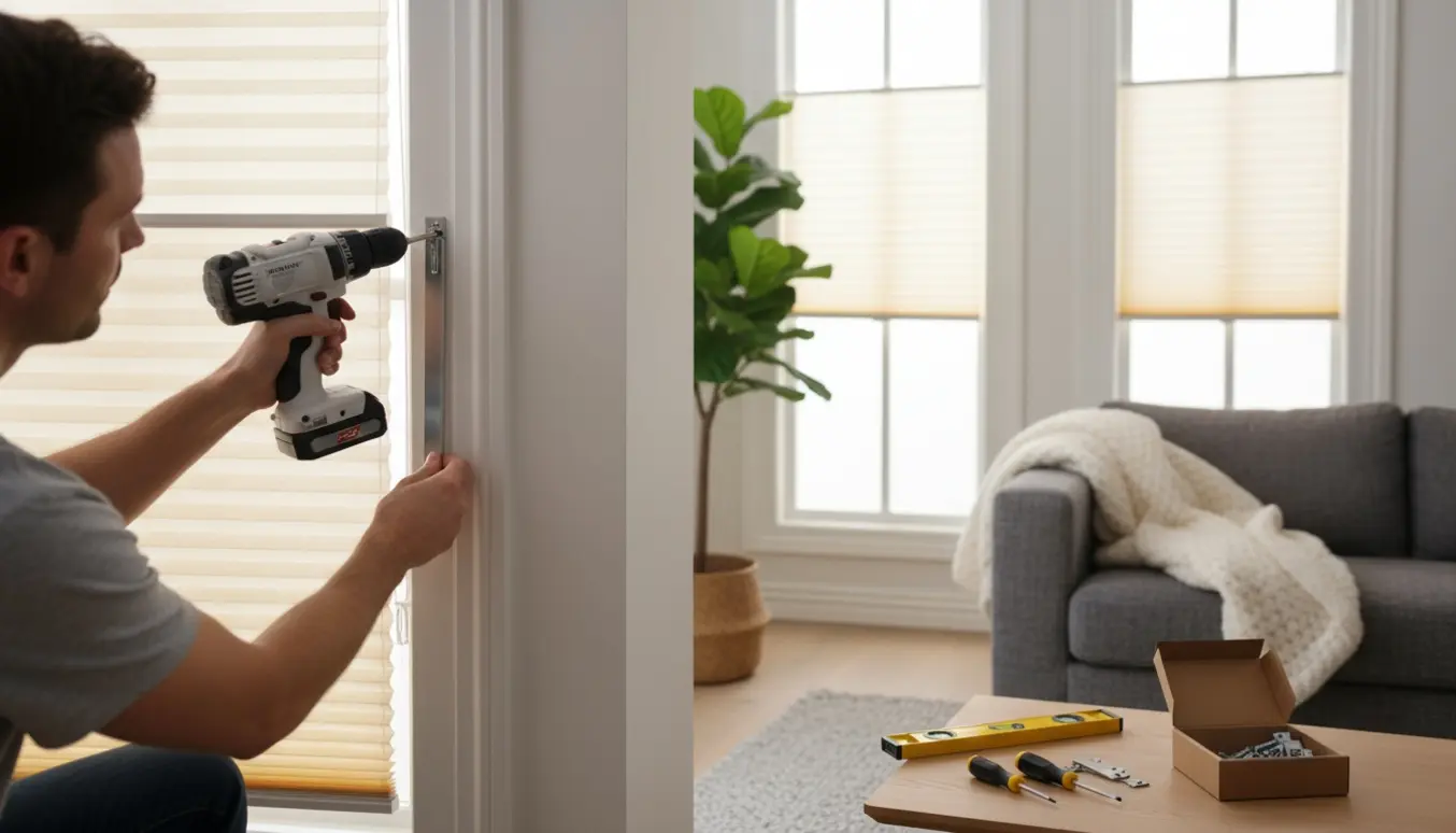 To plisségardiner hænges op i en lys stue, hænder bruger en boremaskine og værktøj ligger klart på bordet.