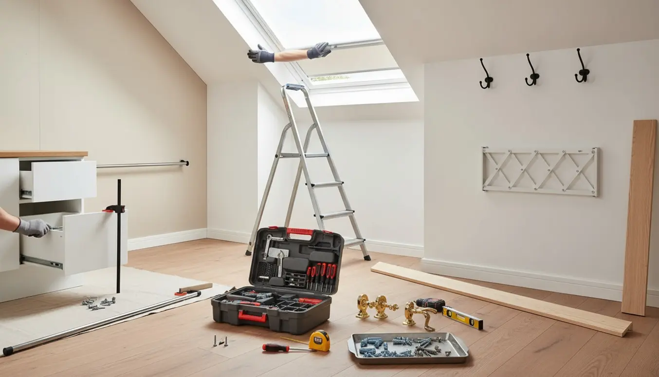 Hænder monterer et Velux-gardin i et skråt loftsvindue med værktøj, nye dørhåndtag og kroge organiseret i rummet.