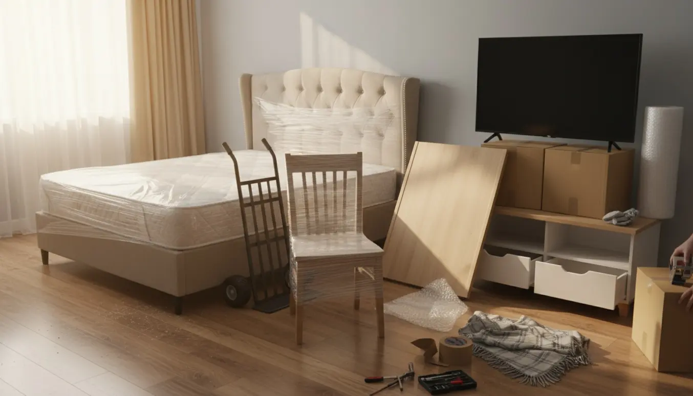 Flyttescene med seng (140x200) med gavl, et tv på flyttekasser, bordplade med skabe og en indpakket stol i varmt dagslys.