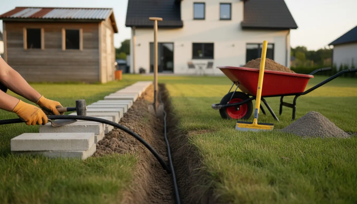 Solcellekabel føres i rør i en rende under fjernede fliser mellem skur og hus.