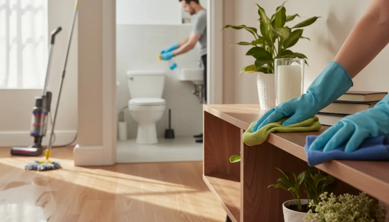 Rengøring i hjemmet med handsker, klud og duster ved en hylde, håndvask renses i et åbent badeværelse, og støvsuger og moppe på nyvasket gulv.