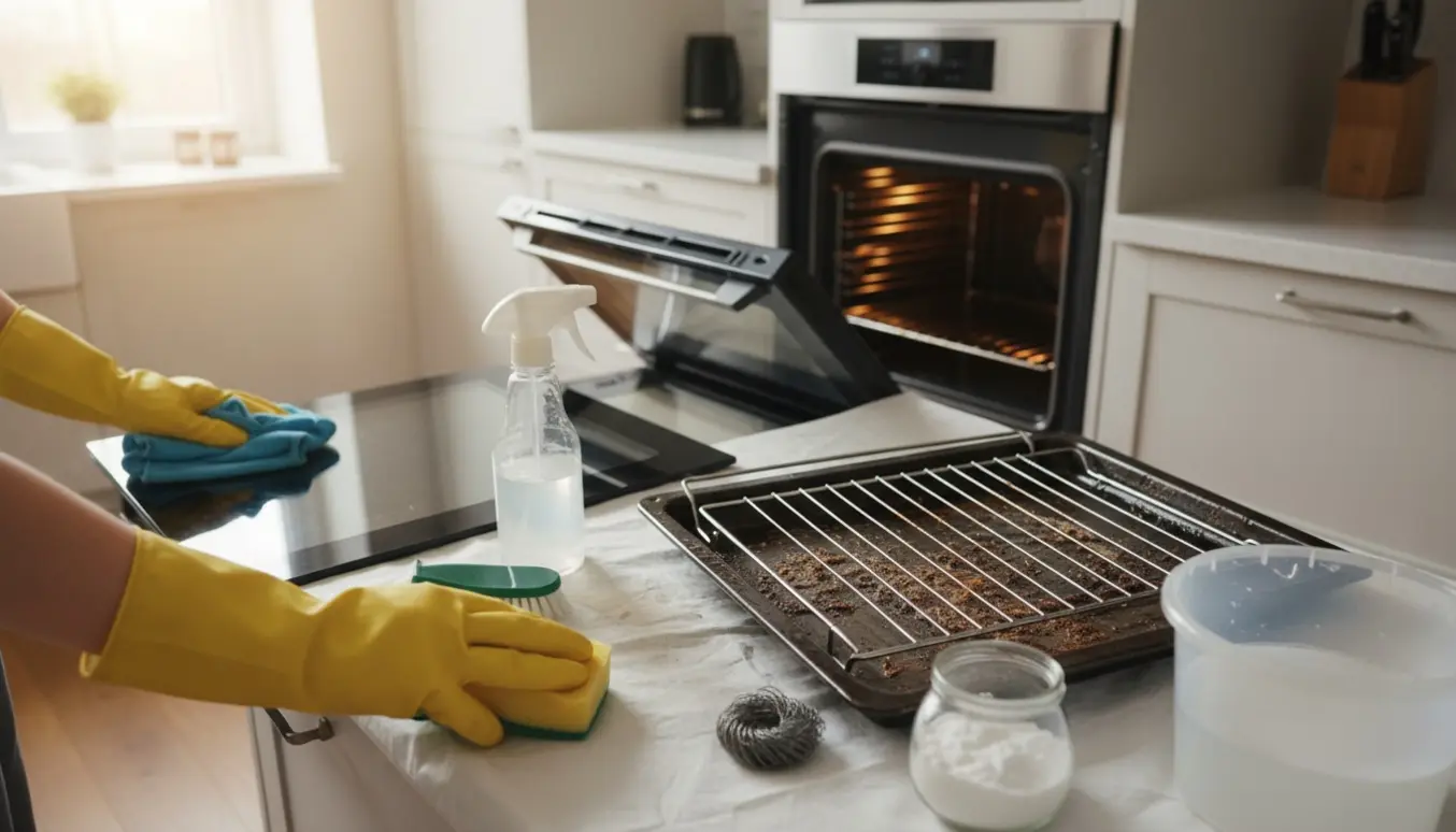 Hænder i gummihandsker rengør en åben ovn og aftørrer glaspladen på køkkenbordet.