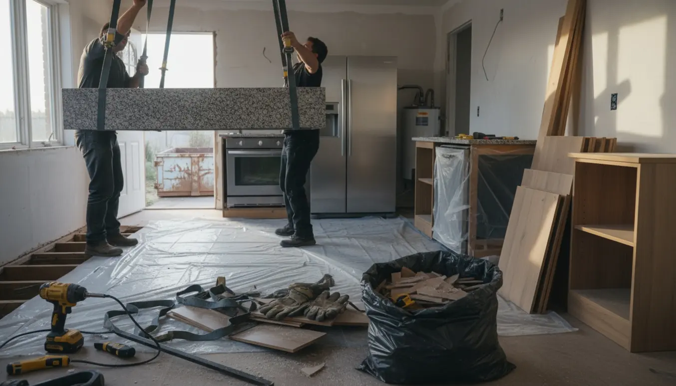 Køkken under nedtagning med granitbordplade og flyttede hårde hvidevarer, værktøj og stabler af køkkenelementer.