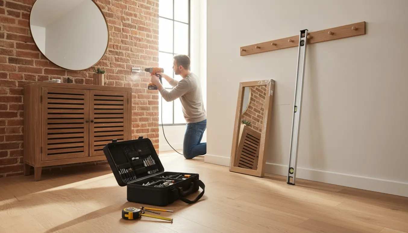 Hænder monterer gardinbeslag på murstensvæg med skruer og rawlplugs, mens skoskab, rundt spejl og knagerække ses i rummet.