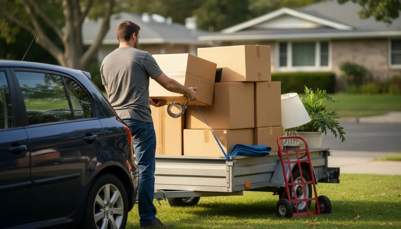 Mand set bagfra laster omkring ti flyttekasser og løse ting ind i en trailer ved en stille forstadsgade.