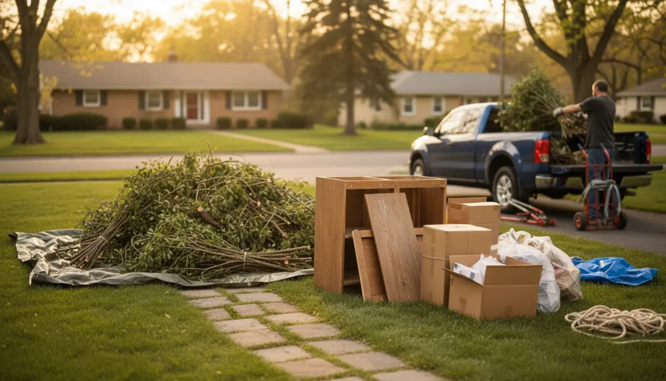 Bunke storskrald med grene, et nedtaget skab og sammenpresset pap klar til afhentning ved indkørslen.