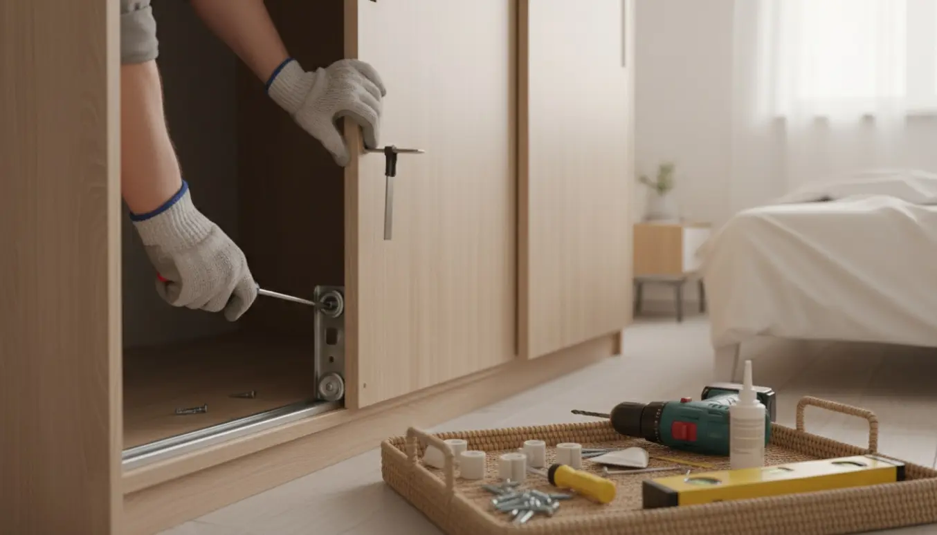 Hænder reparerer en løs skydedør på et klædeskab med synlig løs bagbeklædning og værktøj tæt på.