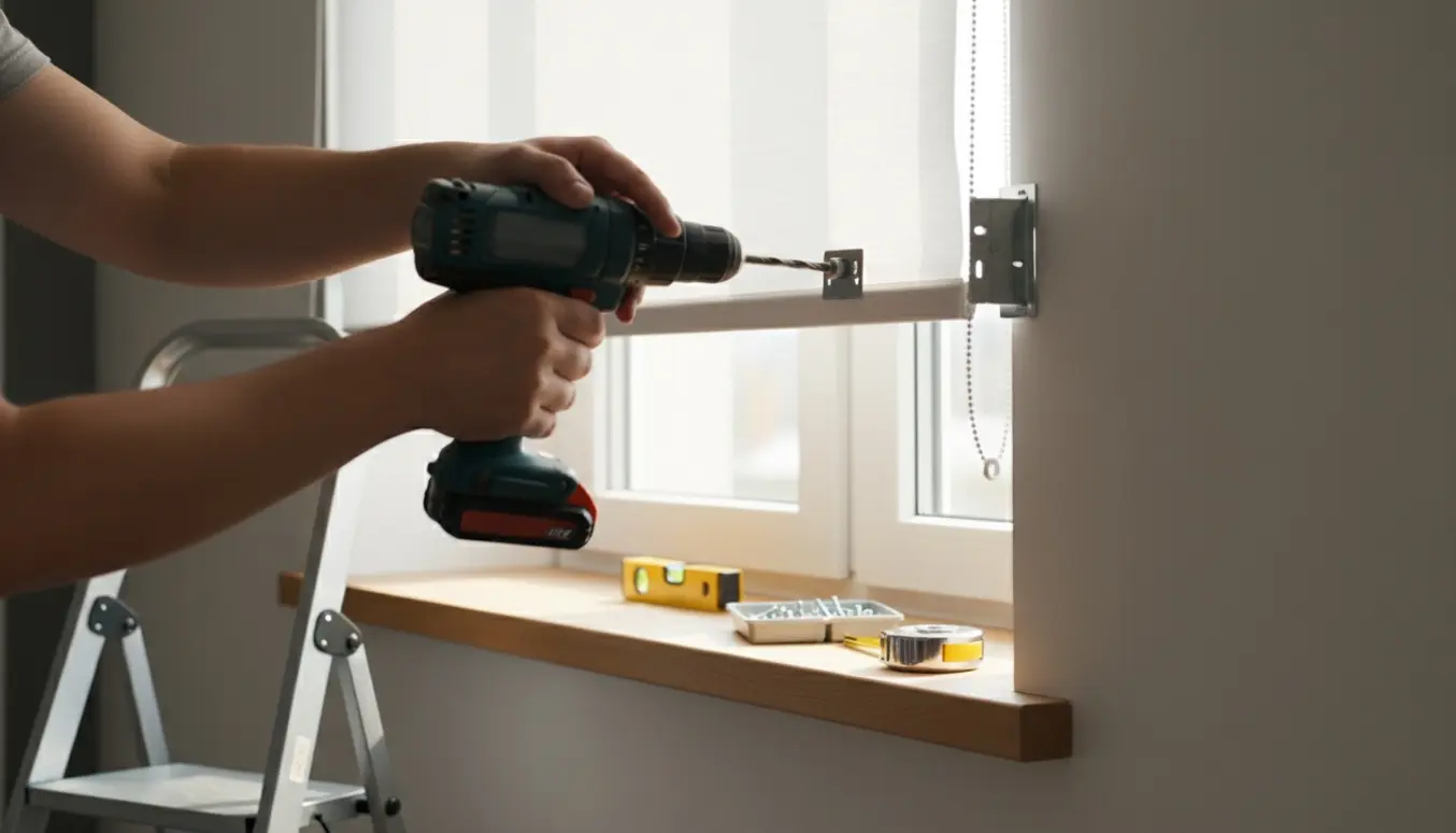 Hænder monterer et hvidt rullegardin med en boremaskine ved et lyst vindue.