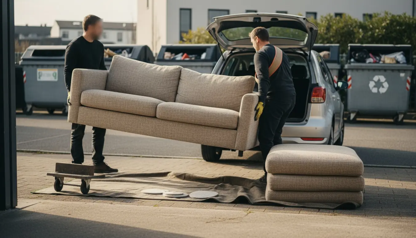 To personer bærer en to meter sofa ud af stueetagen mod en åben bil ved genbrugspladsen, med aftagelige puder stablet ved siden.