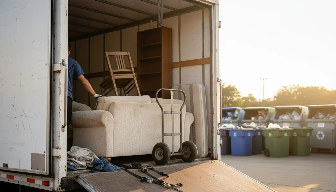 Åben trailer ved en genbrugsplads med møbler klar til aflæsning, mens en person trækker en sofa ind.