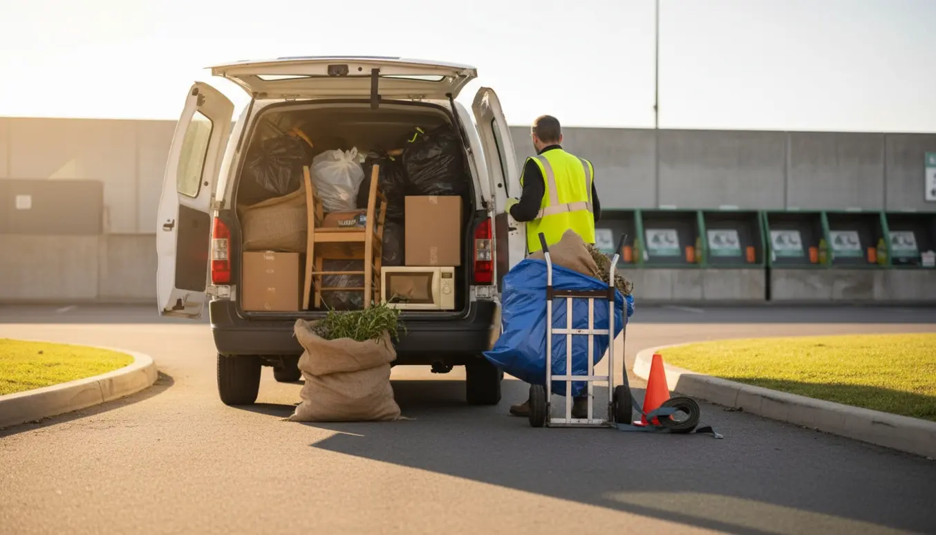 En varevogn læsset med affald og en arbejdstager med handsker, klar til at køre affaldet til genbrugspladsen.
