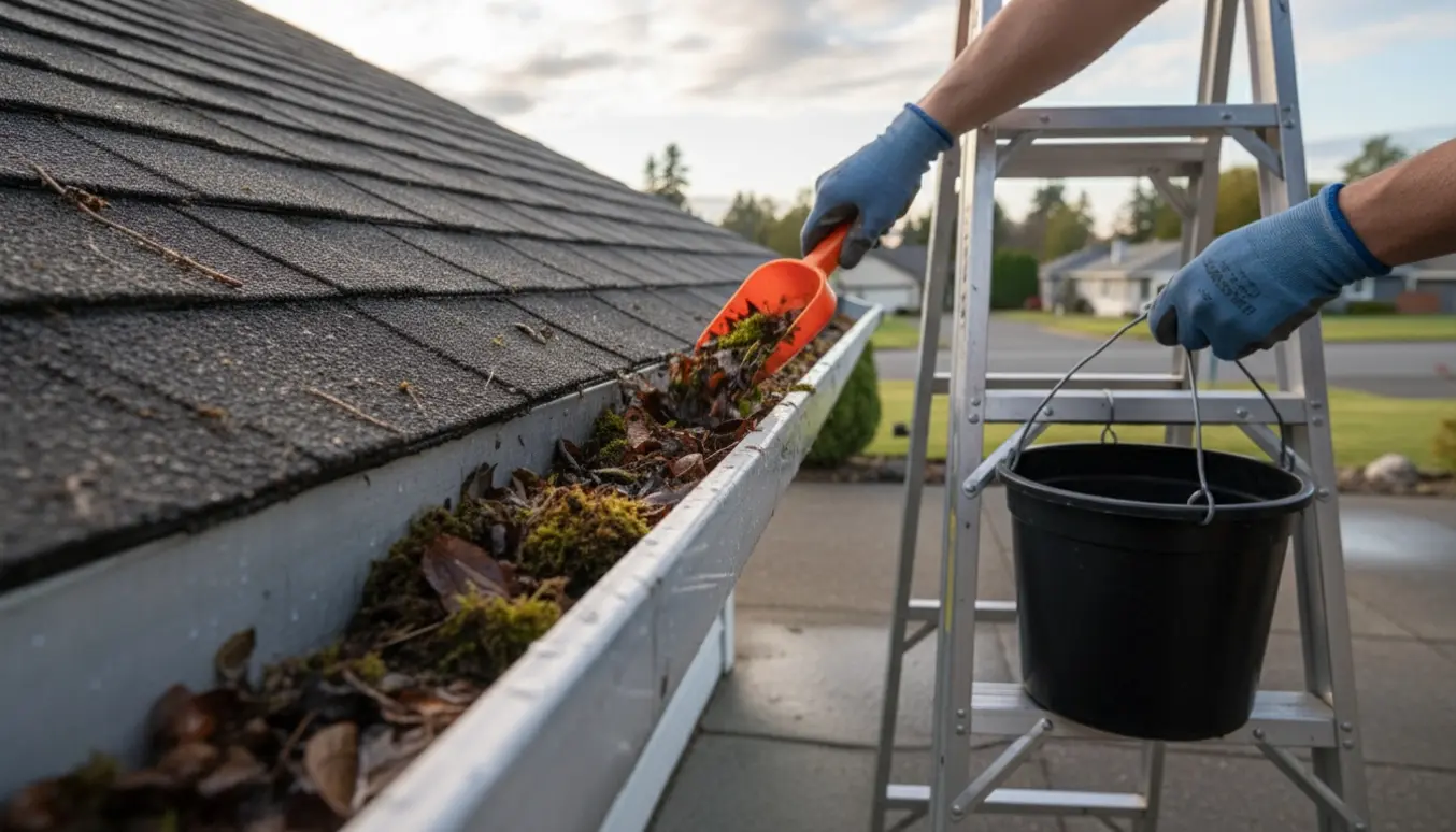 Nærbillede af handsker, der skraber blade og skidt ud af en tagrende fra en stige.