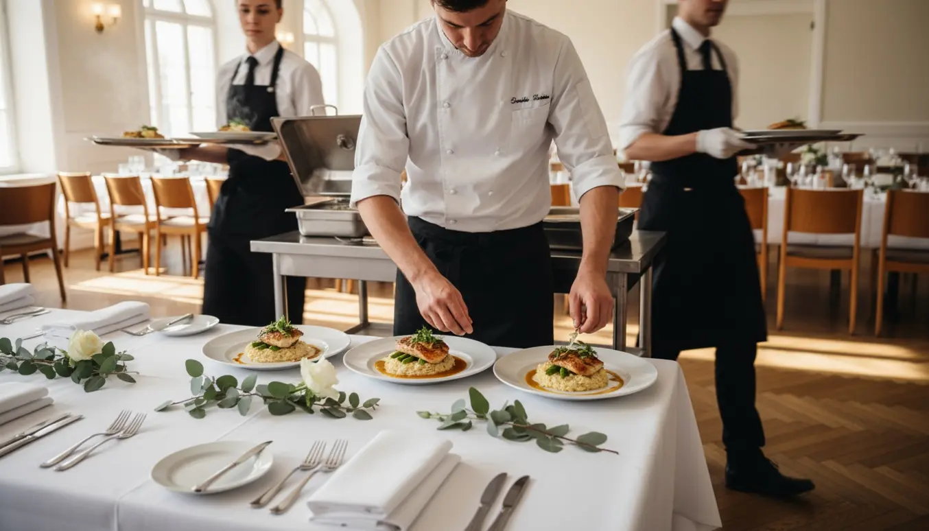 Kok og tjenere forbereder og arrangerer mad til en konfirmation i en lys, elegant festsal.