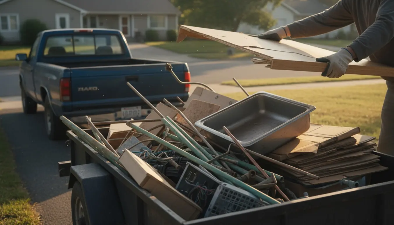 Handskerede hænder løfter en køkkenbordplade ind i en trailer fyldt med metal- og byggeaffald.