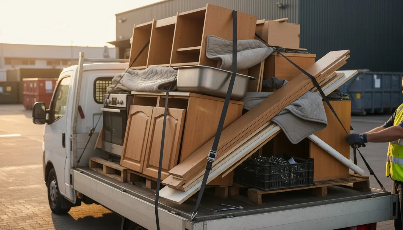 En varebil læsset med afmonterede køkkenelementer ved en forbrændings- og genbrugsplads, en person spænder stropper med ryggen til.