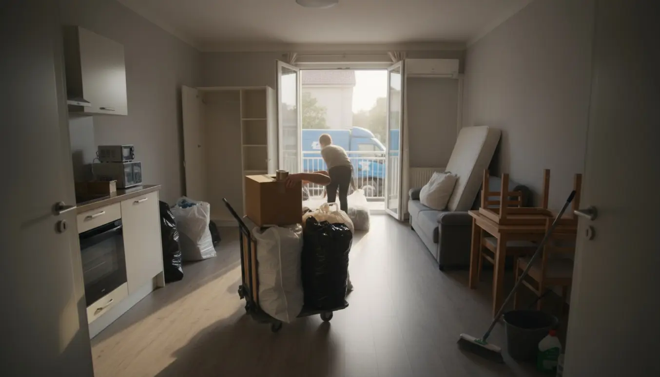 Etværelses lejlighed med møbler, kasser og poser klargjort til bortkørsel og slutrengøring.