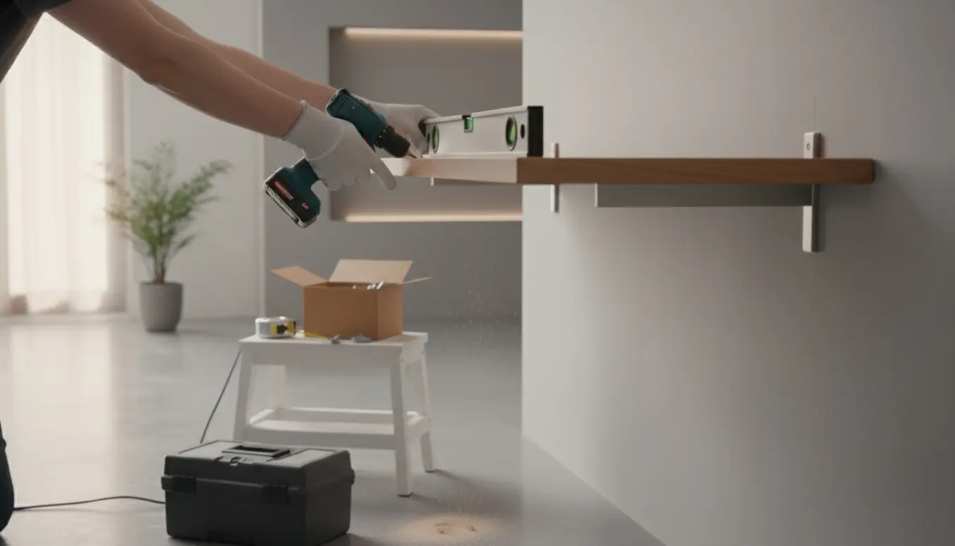 Nærbillede af hænder, der monterer en træhylde med boremaskine og vaterpas i et lyst, moderne rum.